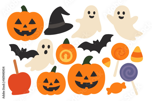 A Halloween-themed set featuring a witch, ghost, spooky castle, mummy, skeleton, and humorous pumpkins, ideal for use in scrapbooking, greeting cards, party invitations, posters, tags, and sticker
