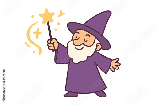 An illustration of a Halloween night scene featuring a cartoon witch woman on a broom with a magic wand, an evil magician wearing a hat, and a child dressed in a fun costume