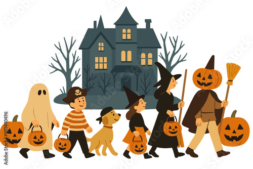 Vector illustration depicting a vibrant scene of children in costume while trick or treating