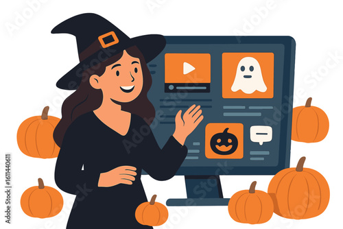 A girl wearing a vibrant witch outfit stands before a computer, poised to observe Halloween online, surrounded by festive decor and a carved pumpkin that creates a spooky ambiance