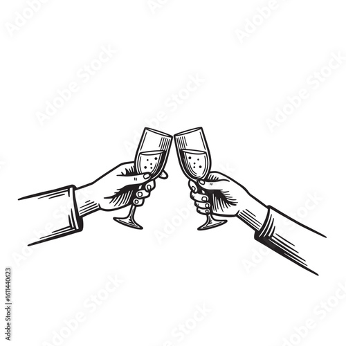 Cheers to celebration hands clinking champagne flutes in monochrome outline style
