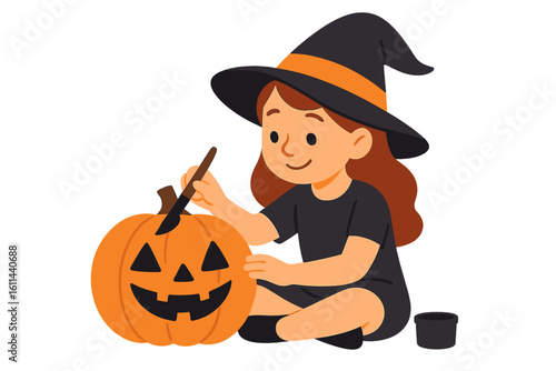 Vector illustration of a girl dressed in a witch costume carving a pumpkin for a Halloween celebration