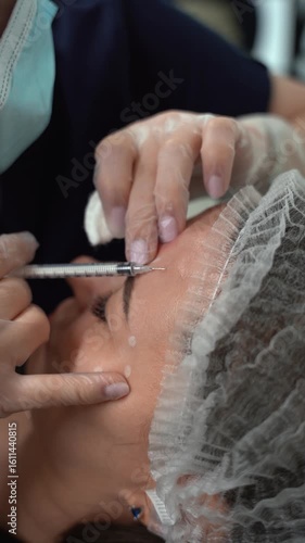 Beautician doctor makes botulinum toxin injection in the forehead of young beautiful woman. Close up 4k vertical shot