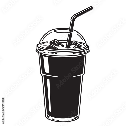 Classic black and white iced coffee cup with ice cubes and drinking straw illustration