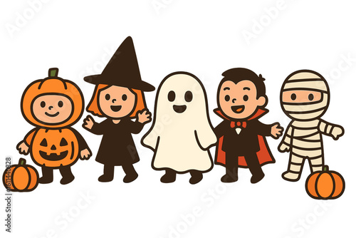 Four kids wearing Halloween outfits such as witch, mummy, and vampire, with a pumpkin and broom, total one hundred