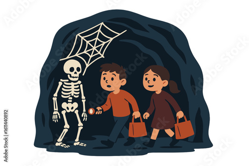 Two happy youngsters wearing Halloween attire stroll through a haunted cavern accompanied by a skeleton bearing pumpkin-shaped candy pails and coming across a spider's web and flying bats