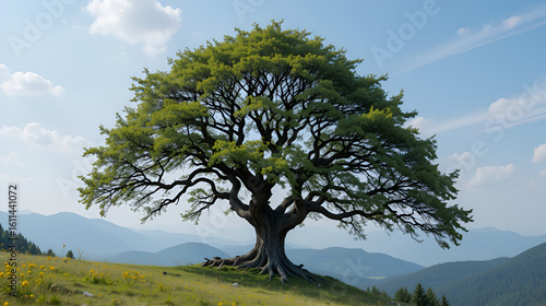 Single old beech on a montane meadow in the Carpathians