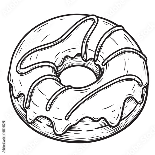 Delicious hand drawn donut with icing isolated on white background in outline style