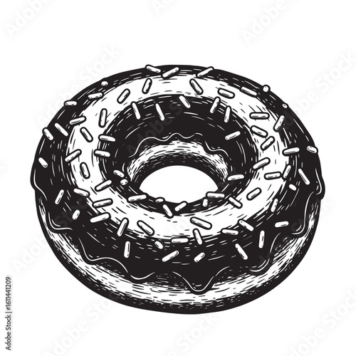 Delicious hand drawn donut illustration with chocolate glaze and colorful sprinkles design