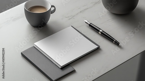 Blank brochure on desk with fountain pen, notebook, and coffee cup