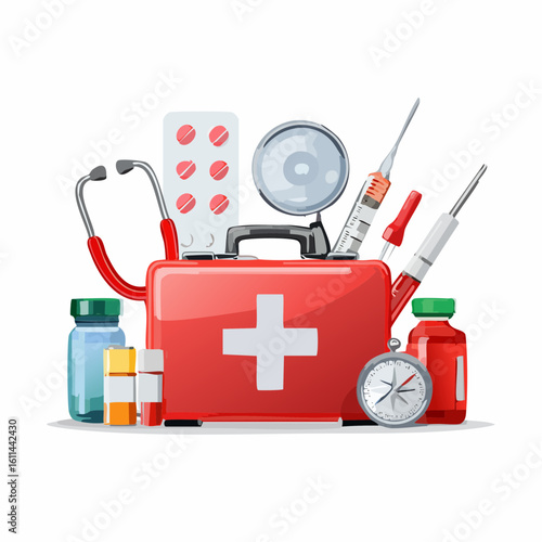 Emergency Medical Kit Tools, First Aid Supplies, Healthcare, Vector Illustration, Isolated Background, Digital Art