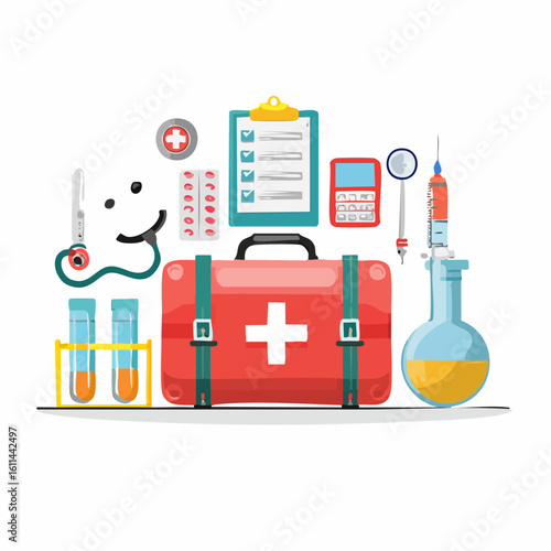 Vector illustration concept of healthcare with a first aid kit, laboratory equipment, and medical supplies isolated on white.
