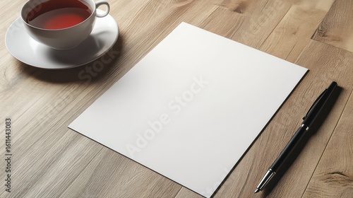 Blank brochure on desk with fountain pen, notebook, and coffee cup