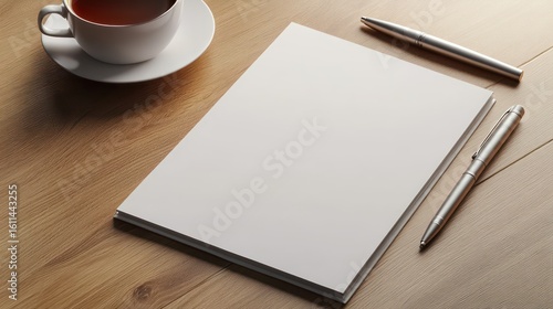 Blank brochure on desk with fountain pen, notebook, and coffee cup
