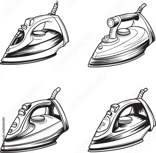 Hand drawn style Steam iron silhouette set isolated on transparent background