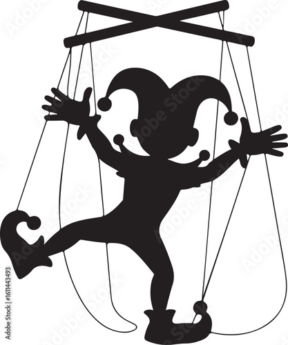 Silhouette of a Jester Marionette Puppet on Strings Against a Checkered Area