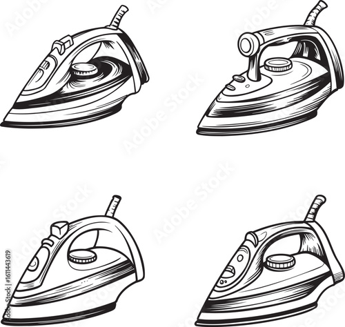 Hand drawn style Steam iron silhouette set isolated on transparent background