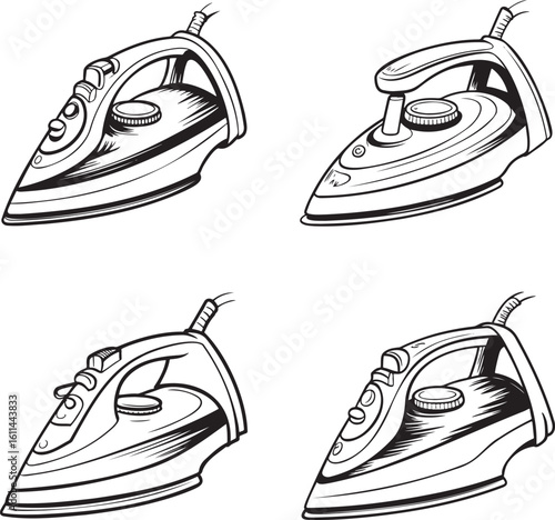 Hand drawn style Steam iron silhouette set isolated on transparent background