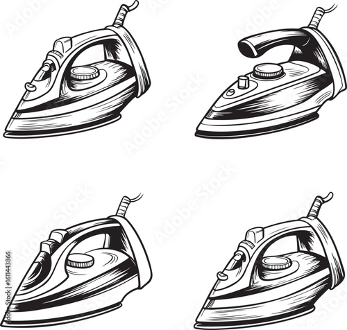 Hand drawn style Steam iron silhouette set isolated on transparent background