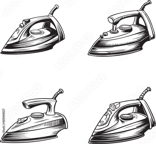 Hand drawn style Steam iron silhouette set isolated on transparent background