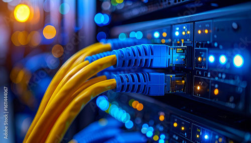 Low Angle Photo of Network Switch with Blue and Yellow Cables Against a Dark Server Background, Highlighting Structured Connectivity and Data Flow