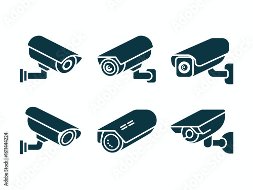 Collection of six security camera icons in a silhouette style isolated on white background