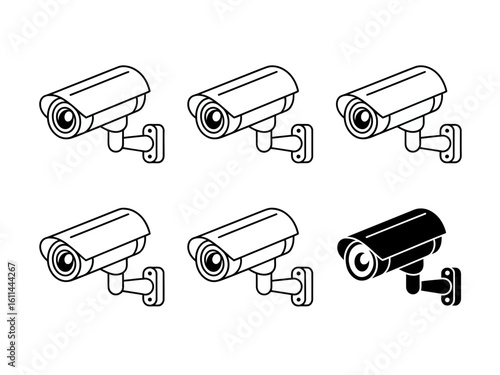 Collection of security camera icons with one black silhouette isolated on white background