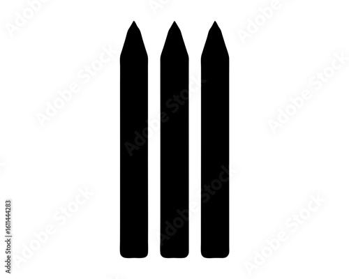 Three black wooden stakes or posts arranged in a vertical row