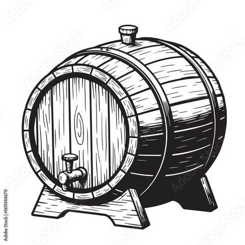 Hand drawn illustration of a classic wooden barrel for beer wine or any liquor storage