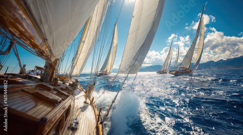 Sailing yacht team racing in the open sea, blue sky and white clouds, close-up of sailboat deck with crew on board.