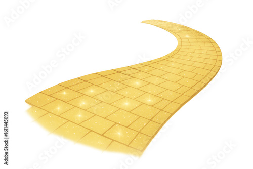 Glowing yellow brick road on transparent background, symbolizing magical journey toward personal goals with sparkling motivation and dreamlike potential
