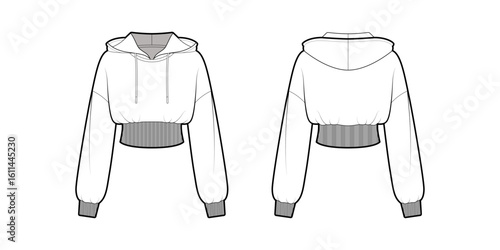 Cropped Pullover Hoodie Jacket  Women Long Sleeve Sweatshirt Hooded Workout Jacket- Front and Back View- CAD Mock-Up_ Fashion Illustration