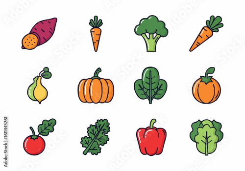 Vector Set of Vegetables Rich in Vitamin A – Carrots, Spinach, Sweet Potatoes