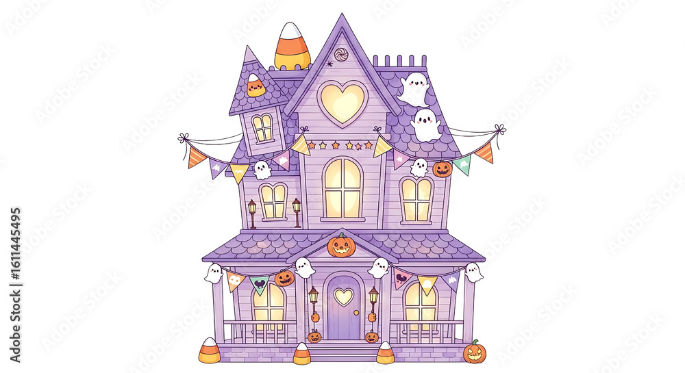 Naklejka premium Purple Haunted House Decorated for Halloween with Ghosts Pumpkins Banners and Candles