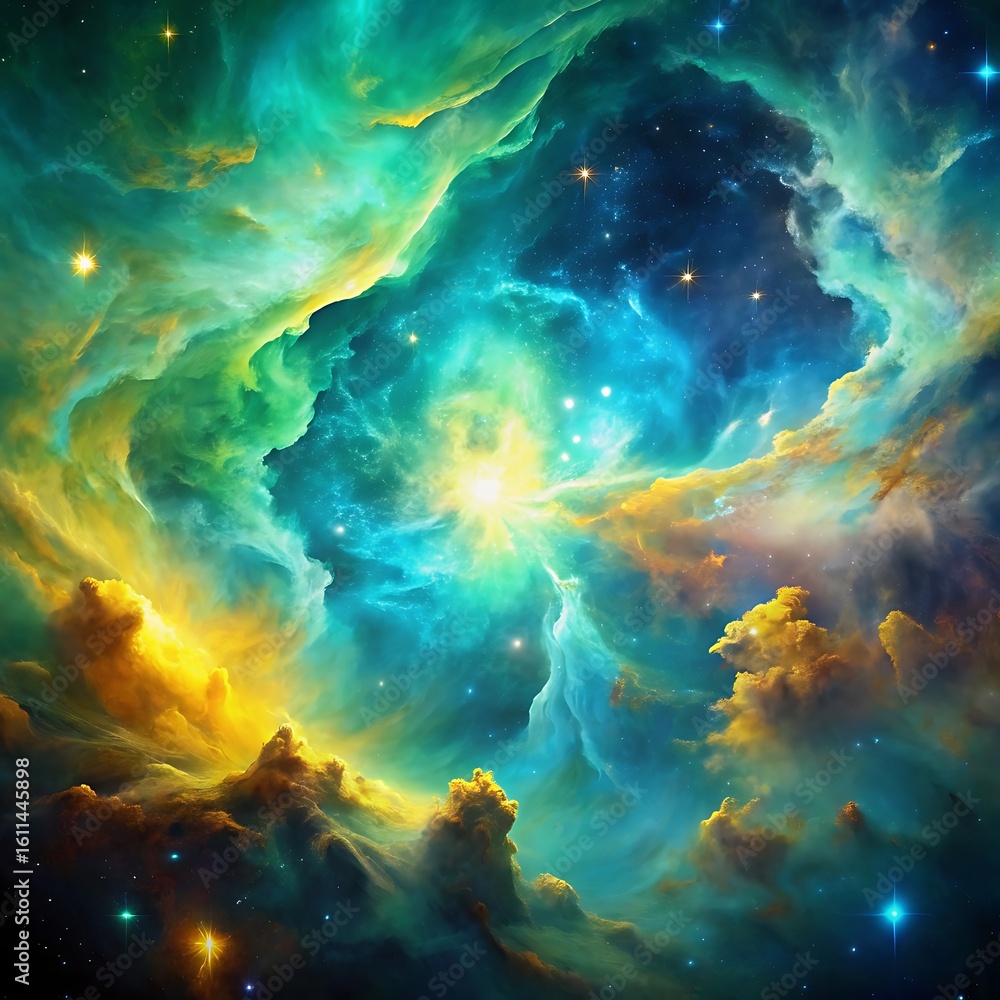 Fototapeta premium Glowing Blue and Green Nebula in Deep Space