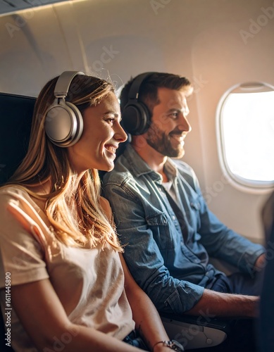 Couple enjoying in-flight entertainment (2)