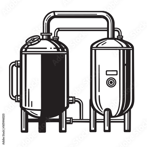 Illustrated black and white brewery equipment showing tanks and piping for production processes