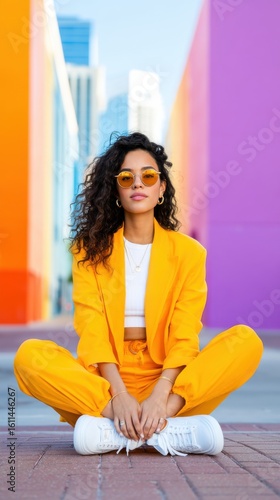 A stylish woman in a bright yellow suit and sunglasses sits cross-legged on the ground against a vibrant urban backdrop.