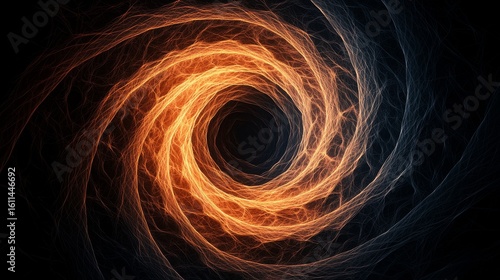 A digitally created fiery vortex with swirling orange and yellow flames spiraling into a dark central void on a black background.