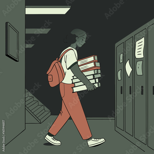 Student carrying school books while walking in hallway to lockers  