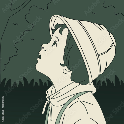 Young child looking up in curiosity while wearing a hat in nature  