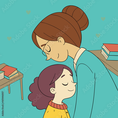 Woman embracing young girl with smiling faces in classroom setting  