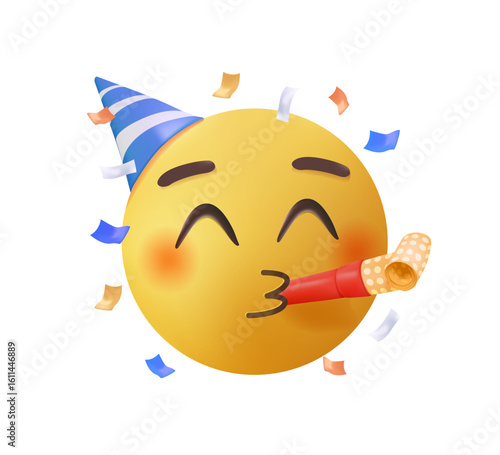 Party face emoji vector illustration confetti celebrating. Emoticon with happy eyes and party whistle 3D render