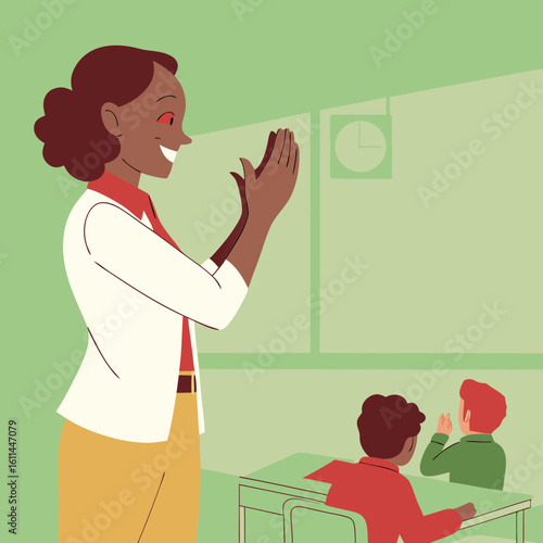 Teacher smiling and clapping hands in classroom with students  