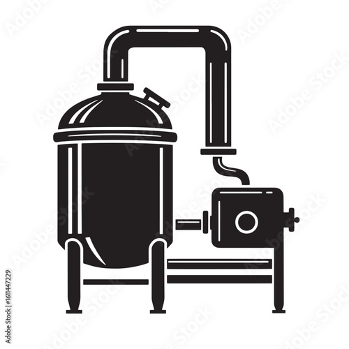Simple black and white illustration of a brewing tank and associated industrial machinery
