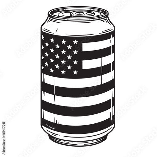 Patriotic beer can illustration featuring the american flag in black and white design