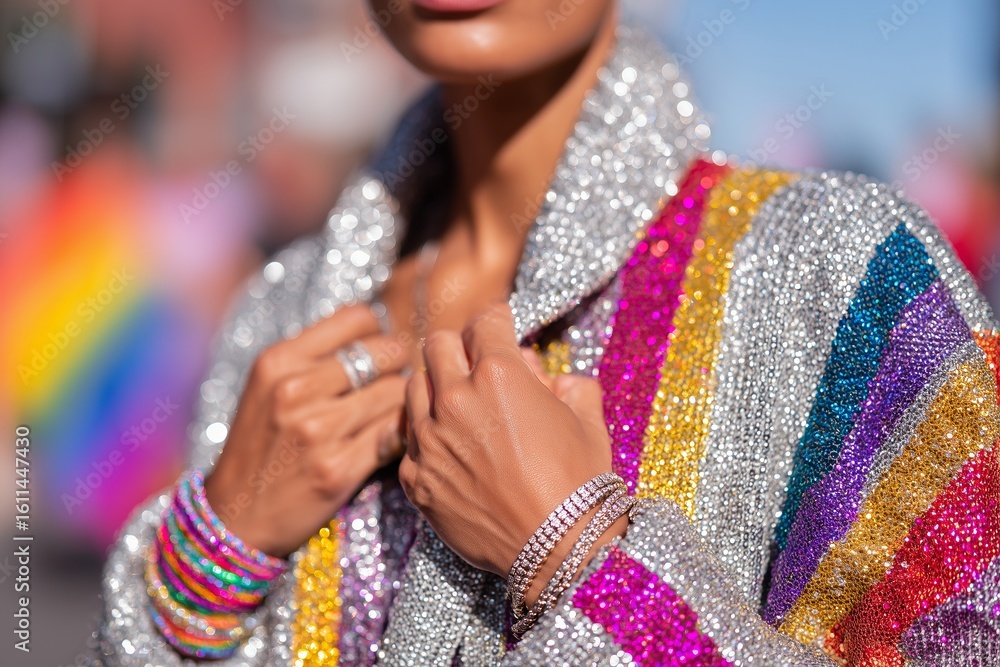 Obraz premium Close-Up of Hands Adjusting Harness Over Sequined Jacket with Pride Flags
