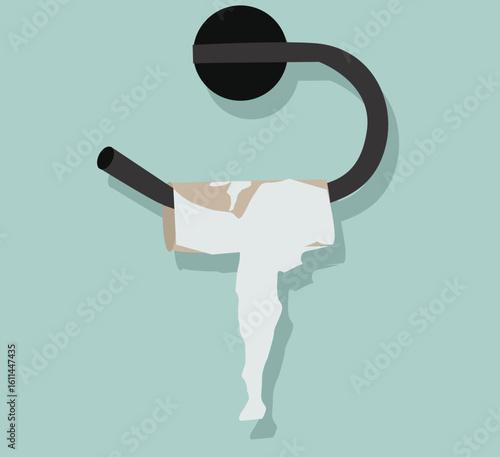 Empty toilet paper roll and metal holder.