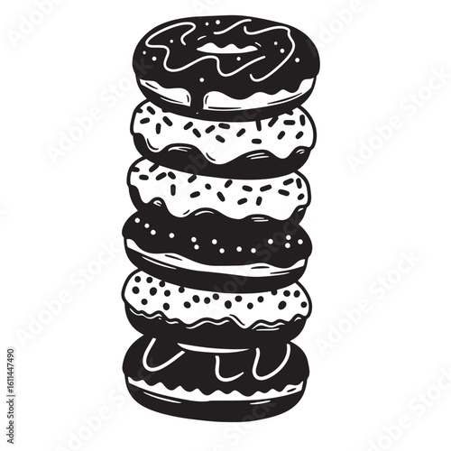 Stacked donuts black and white hand drawn illustration of baked dessert treats on white background