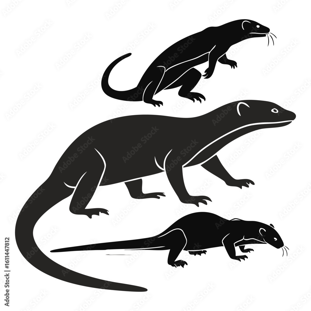 Fototapeta premium Silhouette Illustration of Three Ackie Monitor Lizards in Different Poses